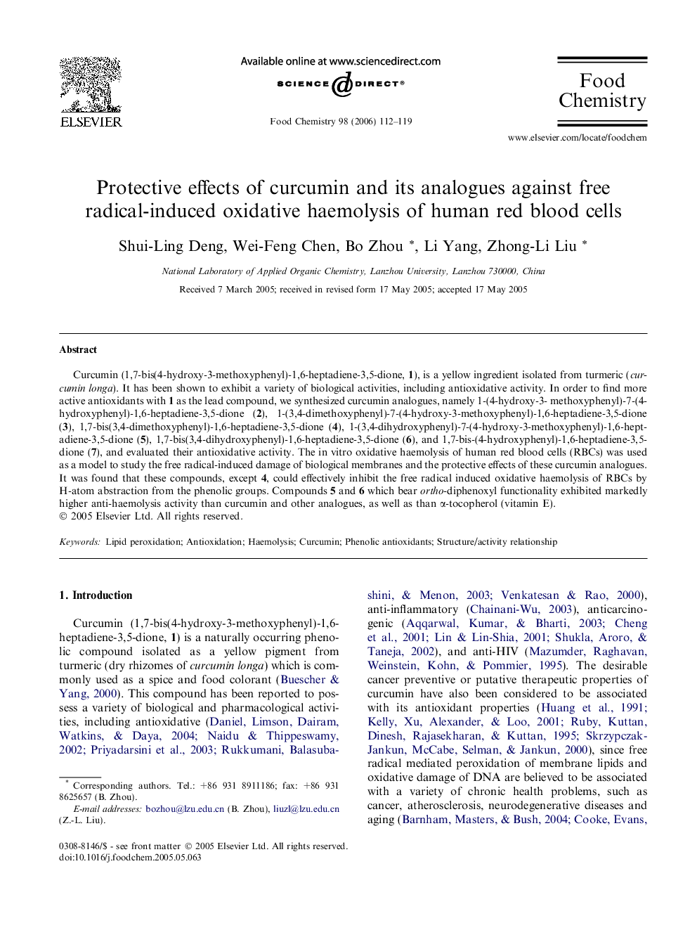 Protective effects of curcumin and its analogues against free radical-induced oxidative haemolysis of human red blood cells