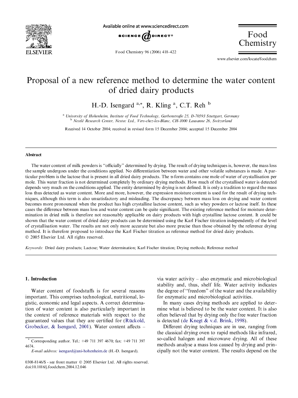 Proposal of a new reference method to determine the water content of dried dairy products