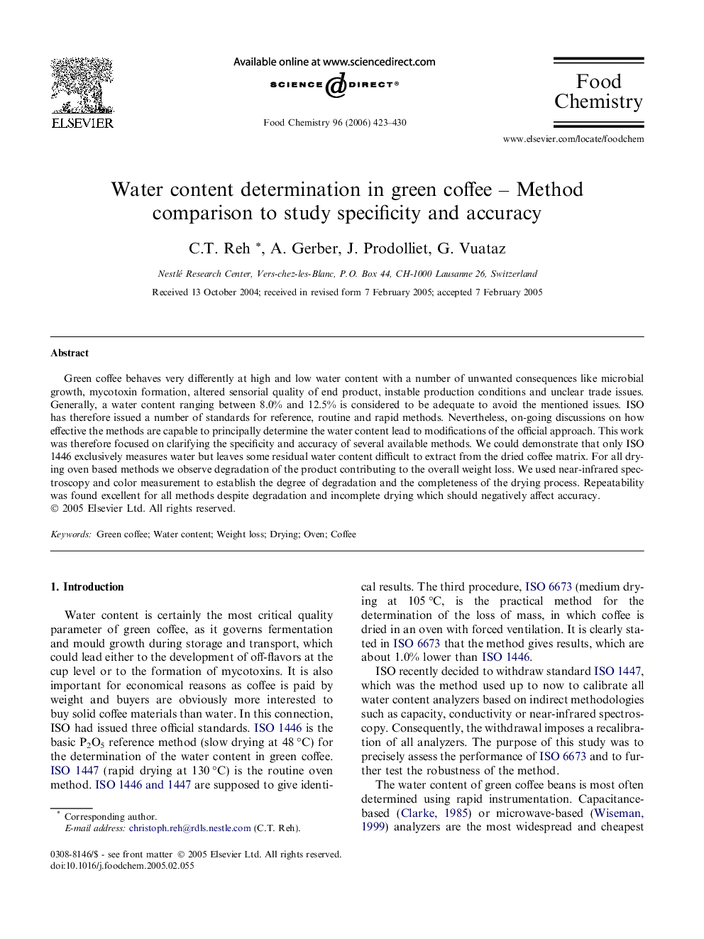 Water content determination in green coffee – Method comparison to study specificity and accuracy