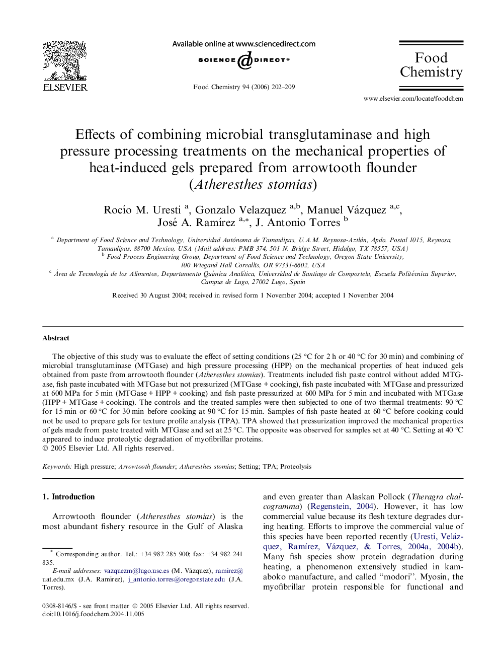 Effects of combining microbial transglutaminase and high pressure processing treatments on the mechanical properties of heat-induced gels prepared from arrowtooth flounder (Atheresthes stomias)