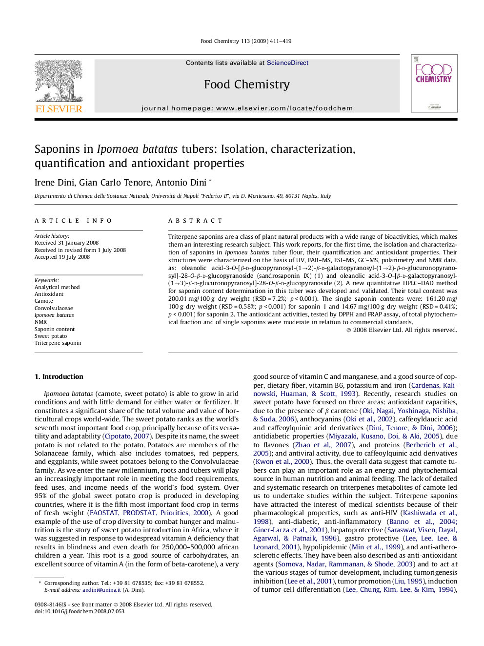 عکس صفحه اول مقاله: Saponins in Ipomoeabatatas tubers: Isolation, characterization, quantification and antioxidant properties Saponins in Ipomoeabatatas tubers: Isolation, characterization, quantification and antioxidant properties