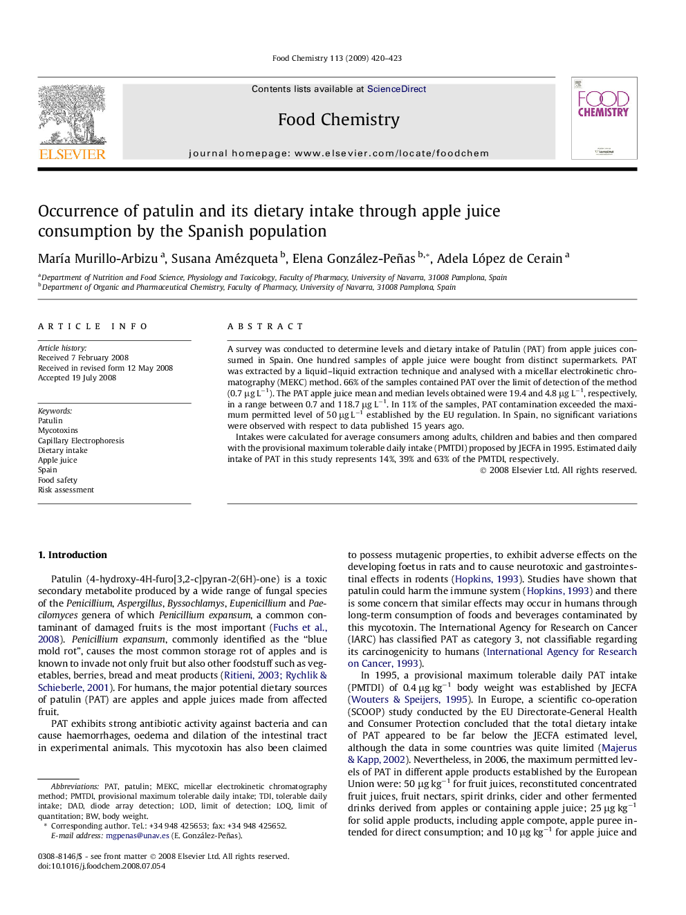 Occurrence of patulin and its dietary intake through apple juice consumption by the Spanish population