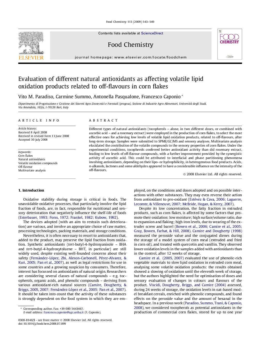 عکس صفحه اول مقاله: Evaluation of different natural antioxidants as affecting volatile lipid oxidation products related to off-flavours in corn flakes Evaluation of different natural antioxidants as affecting volatile lipid oxidation products related to off-flavours in corn flakes
