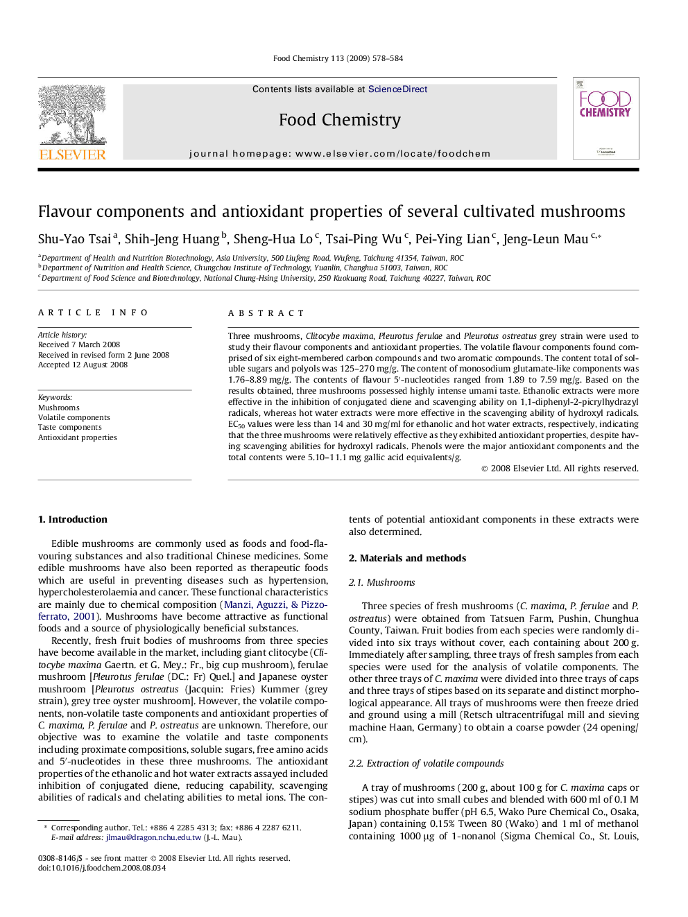 Flavour components and antioxidant properties of several cultivated mushrooms