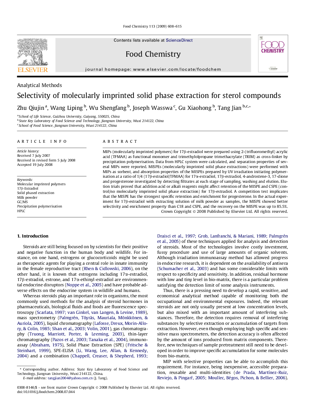 عکس صفحه اول مقاله: Selectivity of molecularly imprinted solid phase extraction for sterol compounds Selectivity of molecularly imprinted solid phase extraction for sterol compounds
