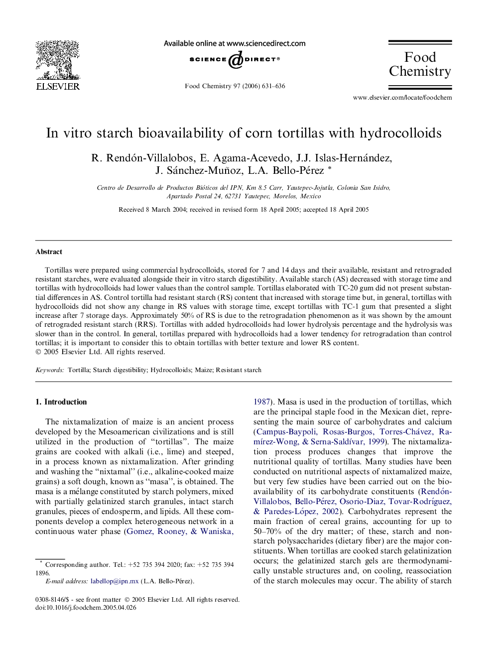 In vitro starch bioavailability of corn tortillas with hydrocolloids