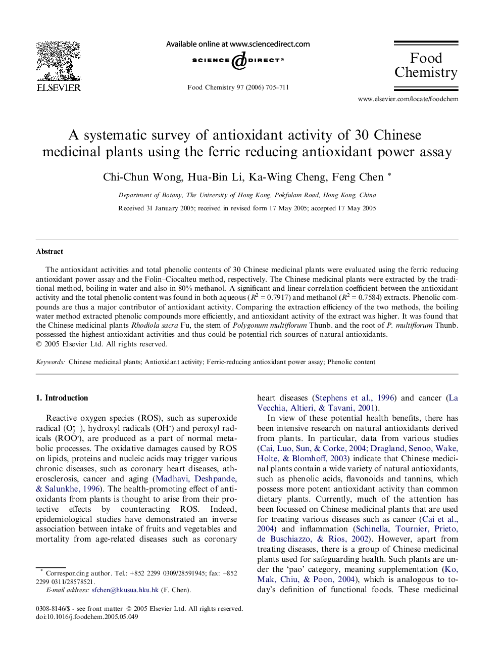 A systematic survey of antioxidant activity of 30 Chinese medicinal plants using the ferric reducing antioxidant power assay