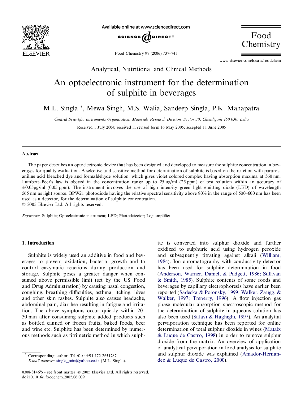 An optoelectronic instrument for the determination of sulphite in beverages