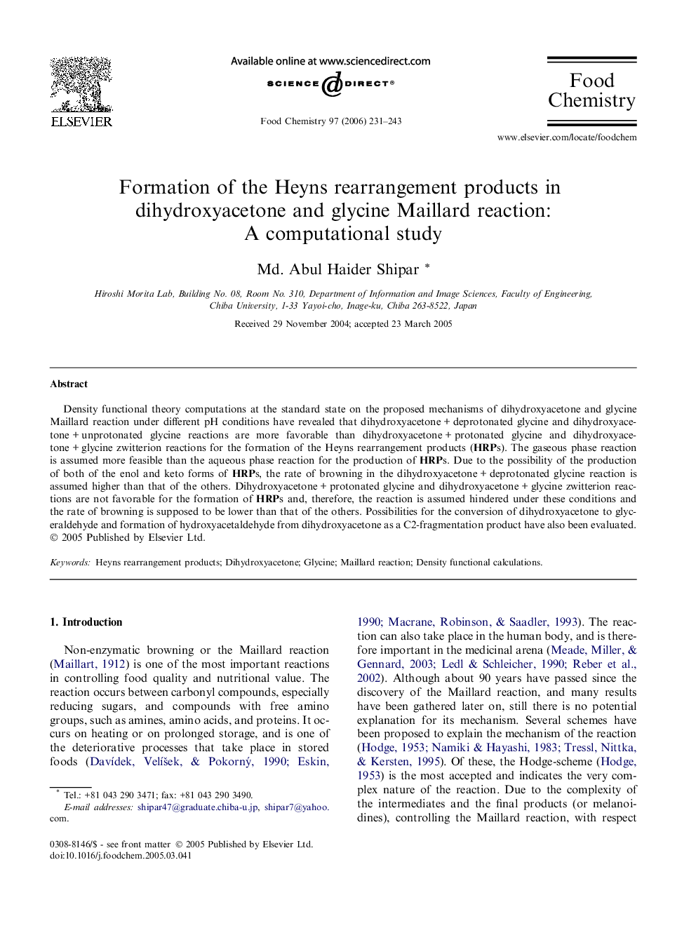 Formation of the Heyns rearrangement products in dihydroxyacetone and glycine Maillard reaction: A computational study