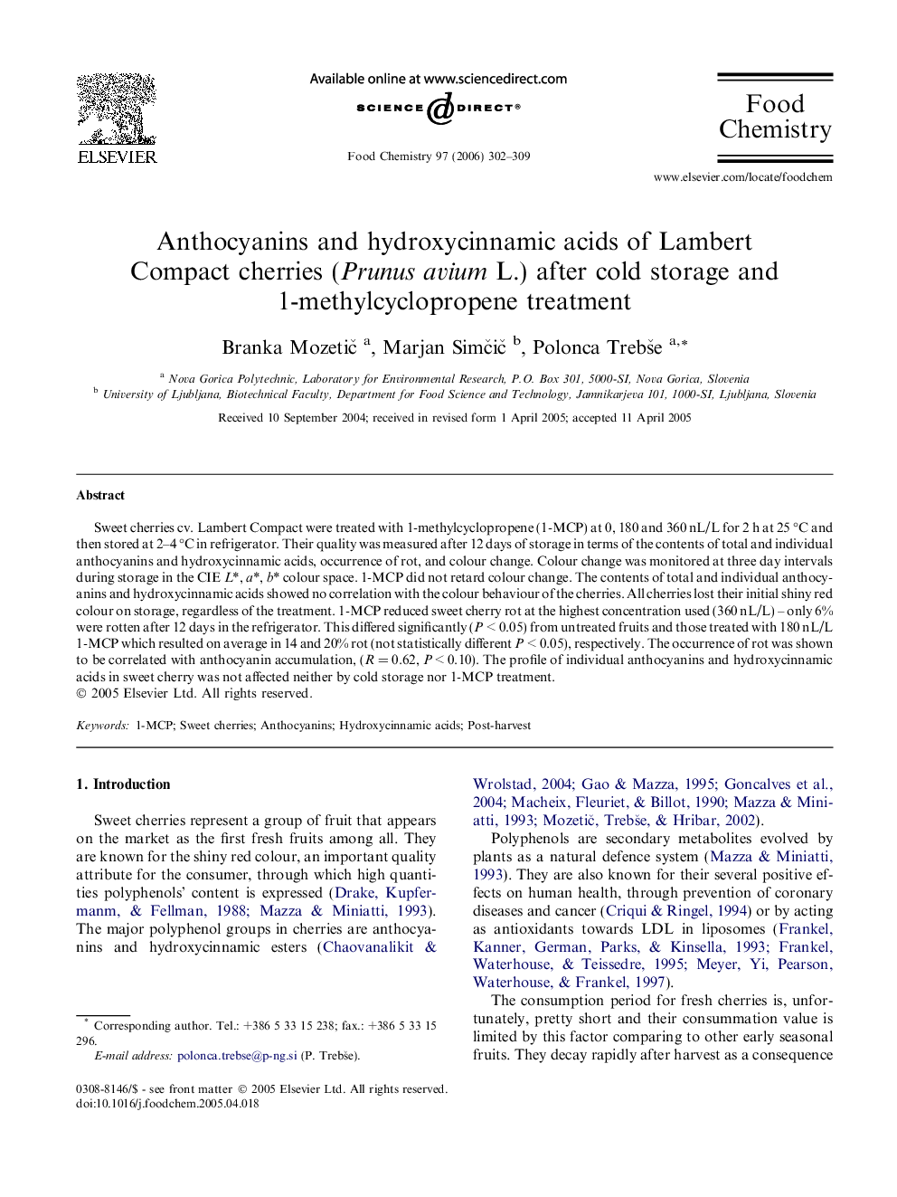 Anthocyanins and hydroxycinnamic acids of Lambert Compact cherries (Prunus avium L.) after cold storage and 1-methylcyclopropene treatment