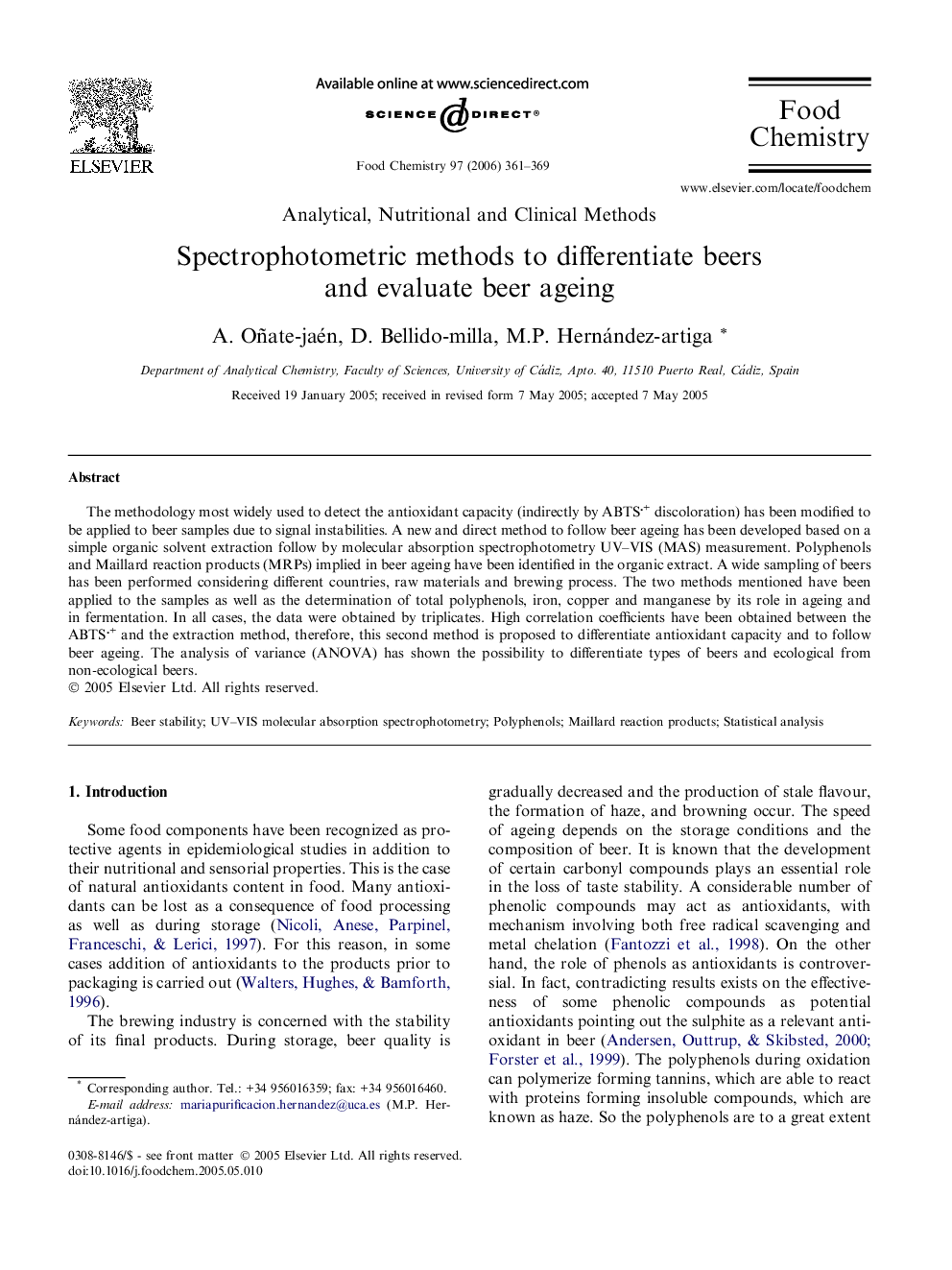 Spectrophotometric methods to differentiate beers and evaluate beer ageing