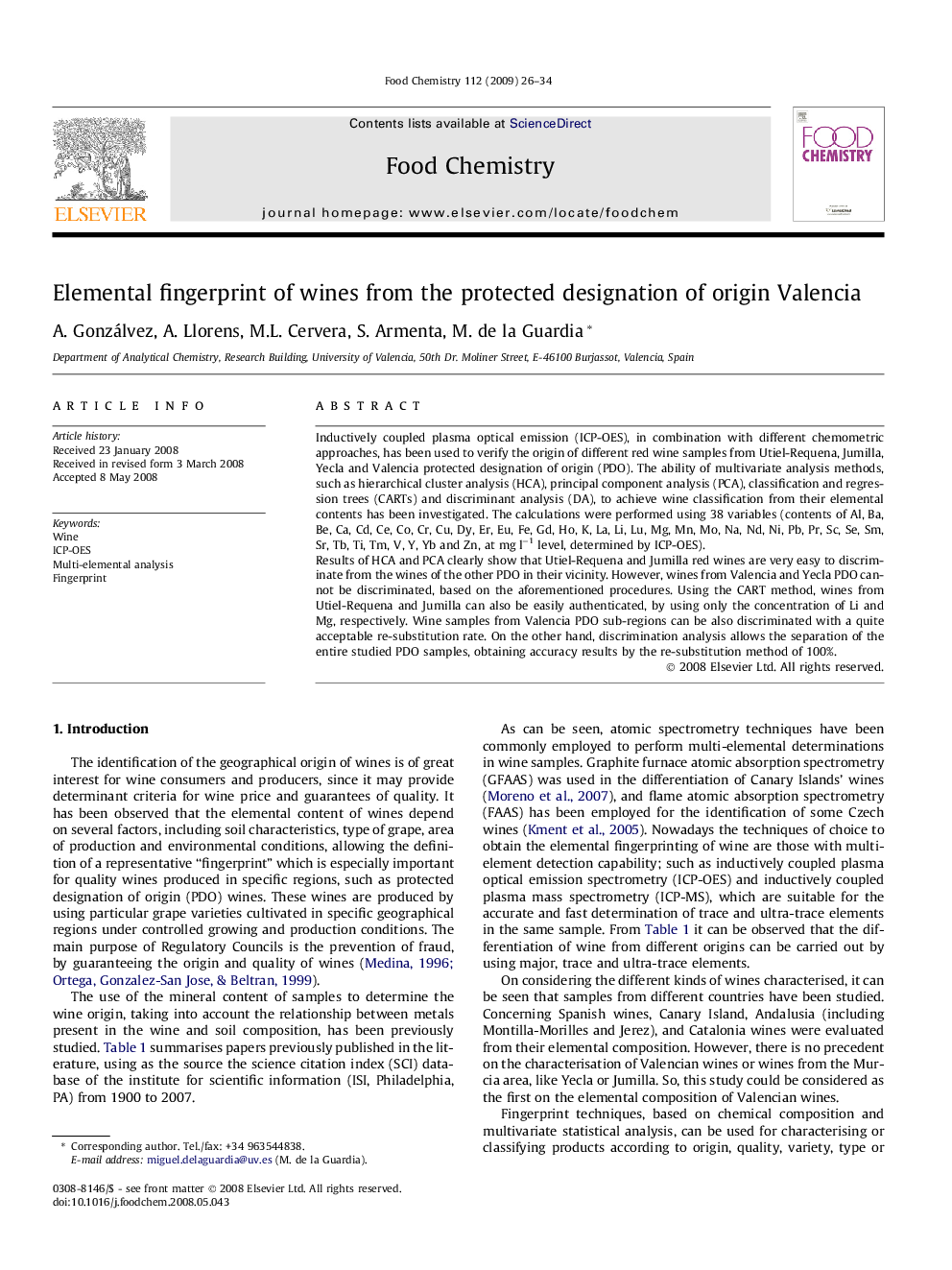 Elemental fingerprint of wines from the protected designation of origin Valencia