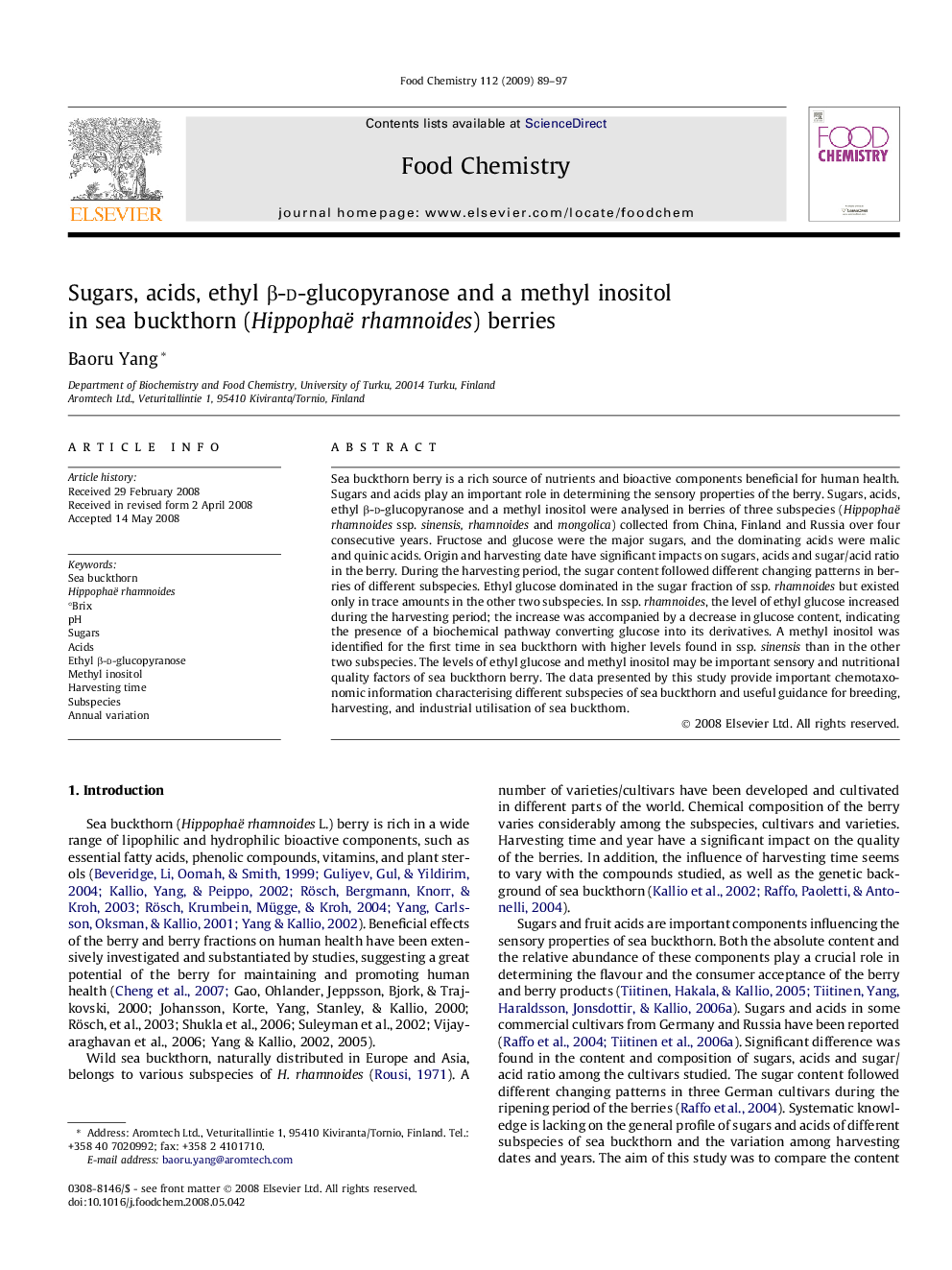 Sugars, acids, ethyl β-d-glucopyranose and a methyl inositol in sea buckthorn (Hippophaë rhamnoides) berries