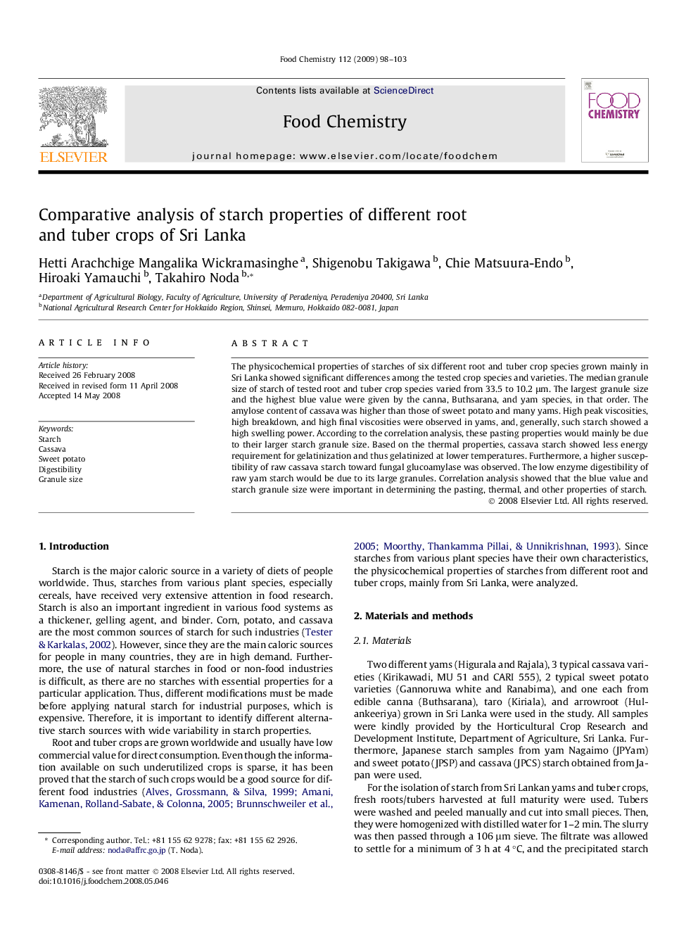 Comparative analysis of starch properties of different root and tuber crops of Sri Lanka