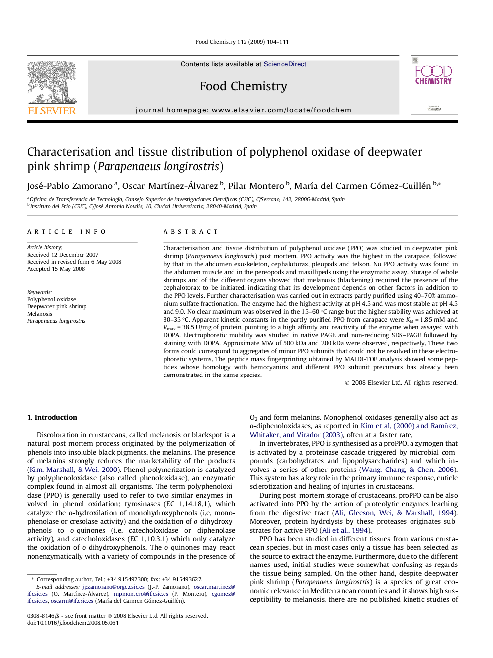 Characterisation and tissue distribution of polyphenol oxidase of deepwater pink shrimp (Parapenaeus longirostris)