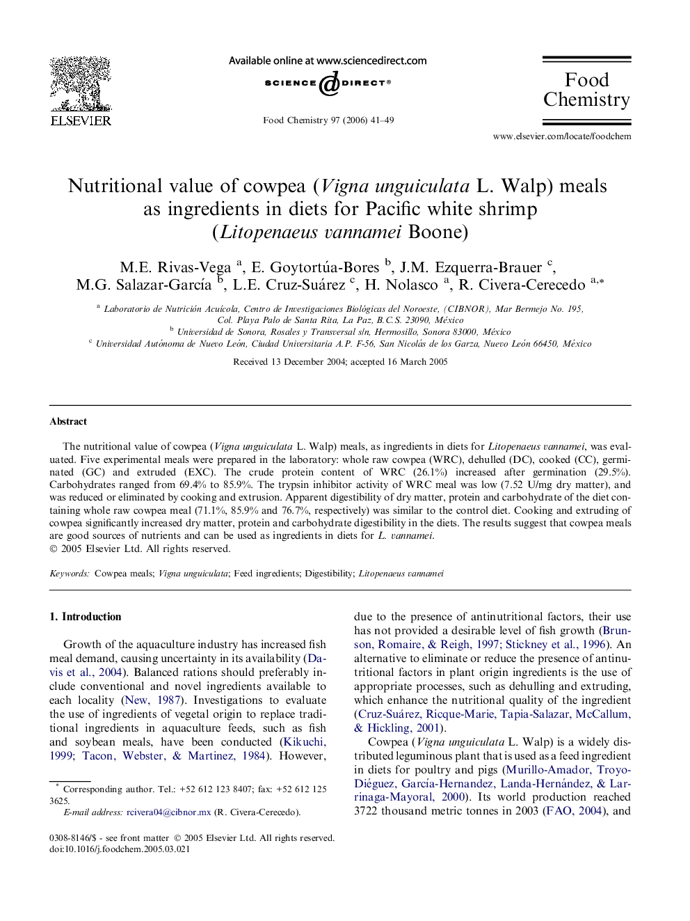 عکس صفحه اول مقاله: Nutritional value of cowpea (Vigna unguiculata L. Walp) meals as ingredients in diets for Pacific white shrimp (Litopenaeus vannamei Boone) Nutritional value of cowpea (Vigna unguiculata L. Walp) meals as ingredients in diets for Pacific white shrimp (Litopenaeus vannamei Boone)