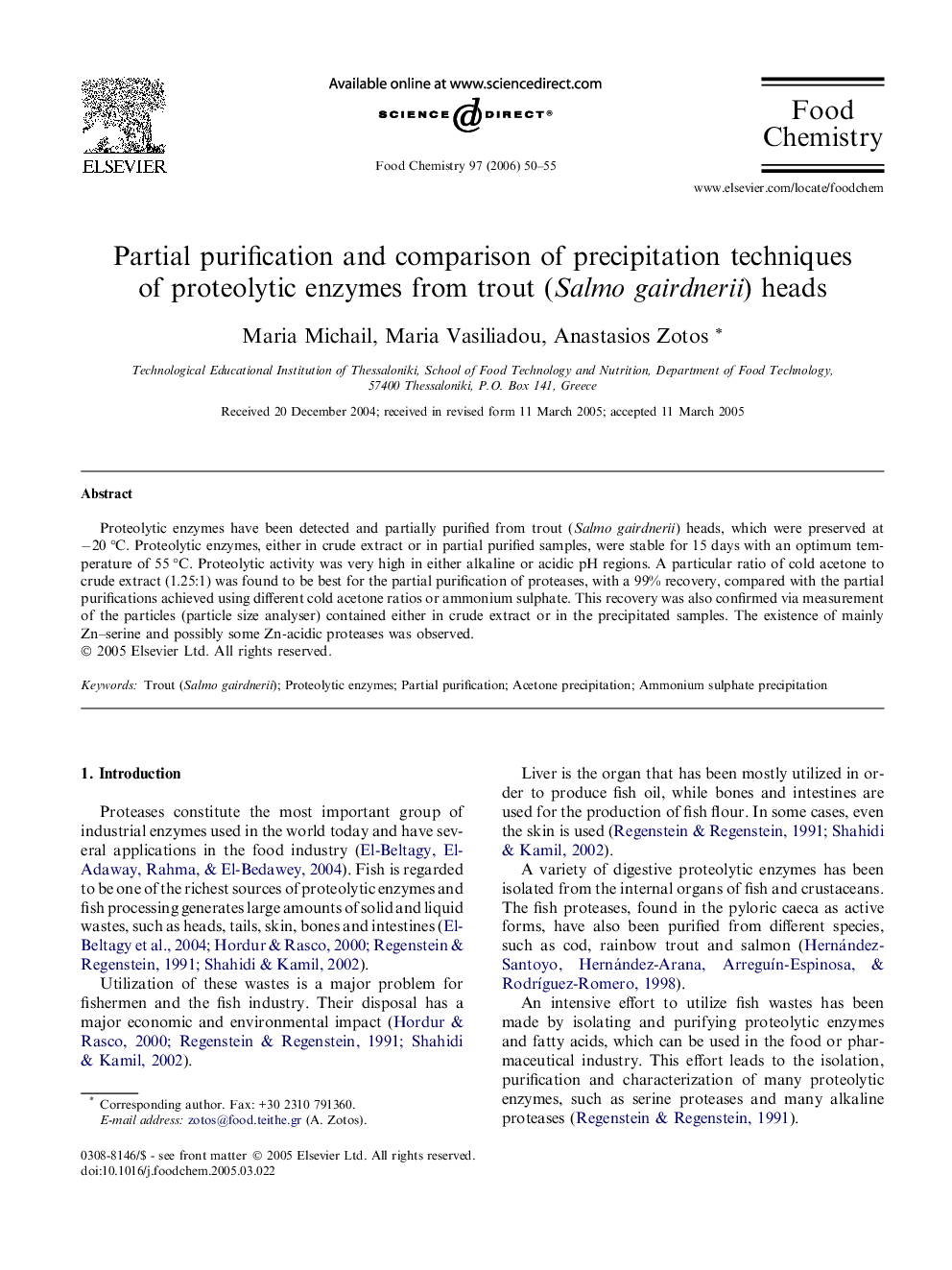 Partial purification and comparison of precipitation techniques of proteolytic enzymes from trout (Salmo gairdnerii) heads