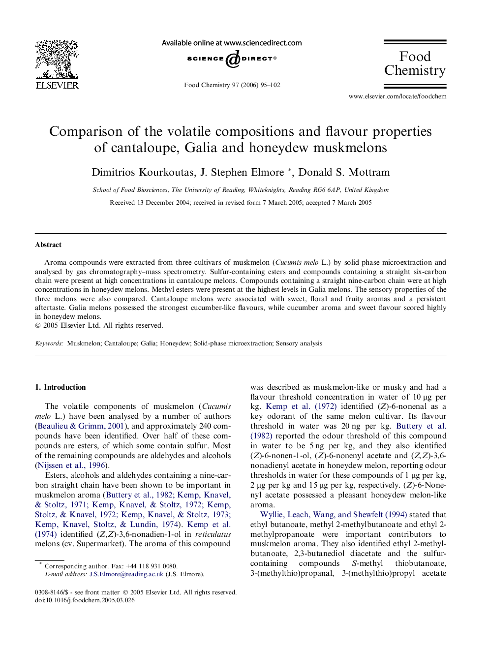 Comparison of the volatile compositions and flavour properties of cantaloupe, Galia and honeydew muskmelons