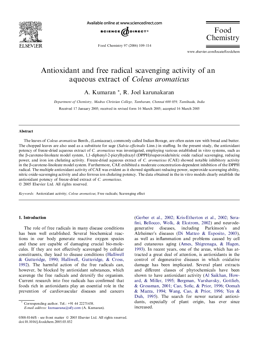 عکس صفحه اول مقاله: Antioxidant and free radical scavenging activity of an aqueous extract of Coleus aromaticus Antioxidant and free radical scavenging activity of an aqueous extract of Coleus aromaticus