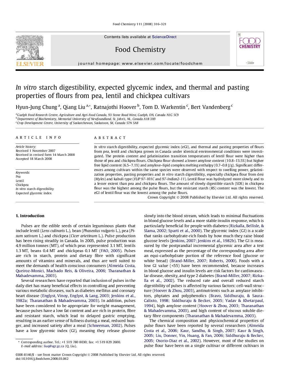 In vitro starch digestibility, expected glycemic index, and thermal and pasting properties of flours from pea, lentil and chickpea cultivars