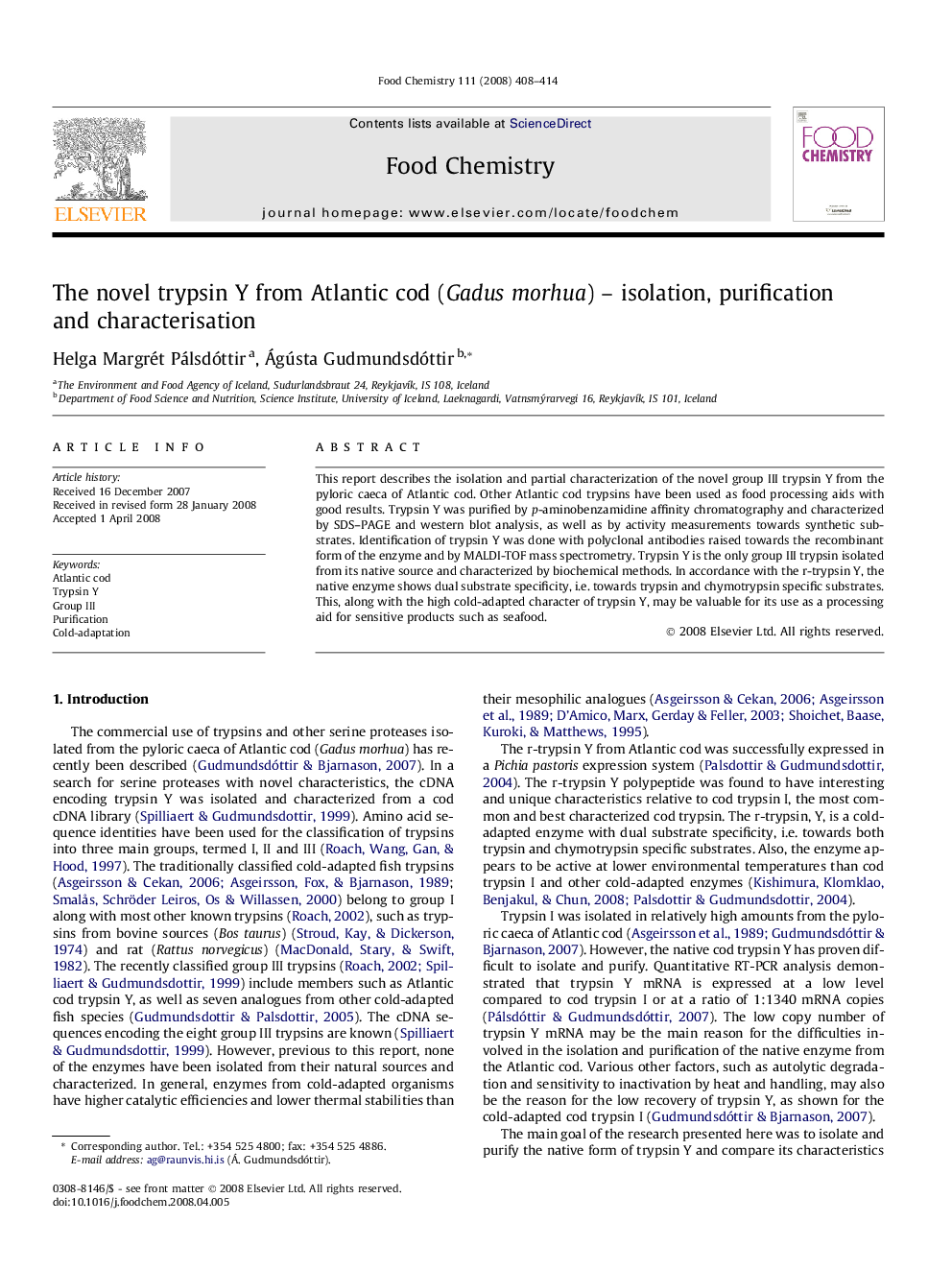 The novel trypsin Y from Atlantic cod (Gadus morhua) – isolation, purification and characterisation