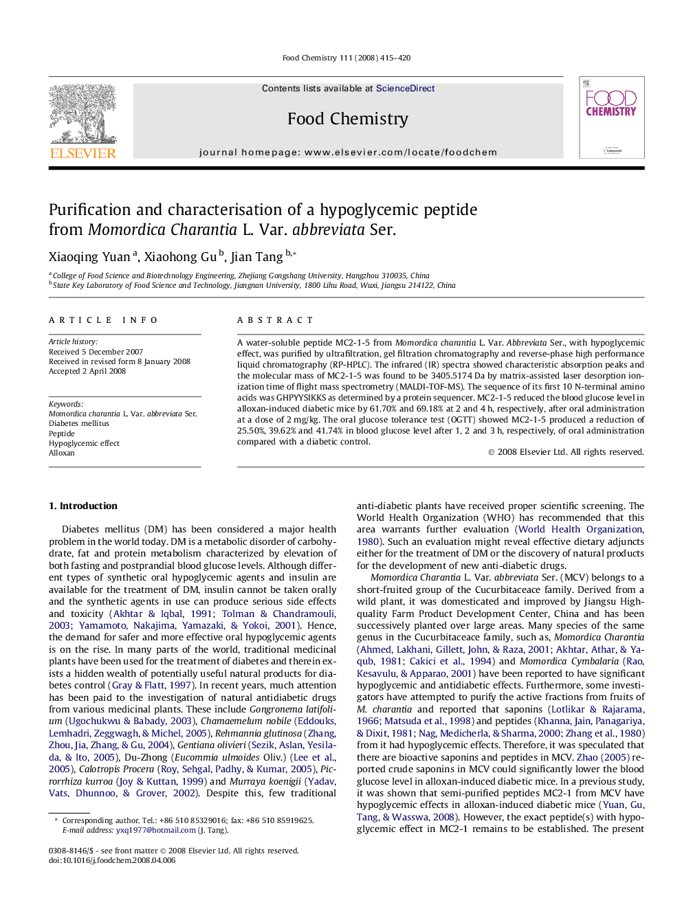 Purification and characterisation of a hypoglycemic peptide from Momordica Charantia L. Var. abbreviata Ser.