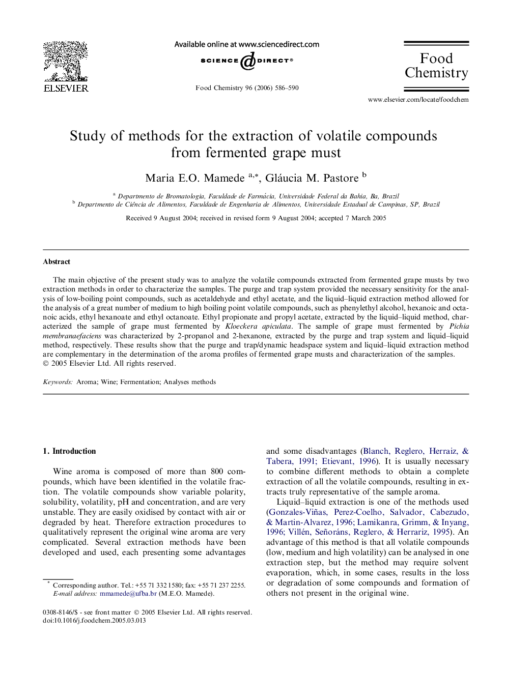 Study of methods for the extraction of volatile compounds from fermented grape must