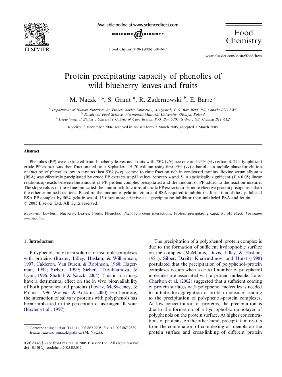 Protein precipitating capacity of phenolics of wild blueberry leaves and fruits