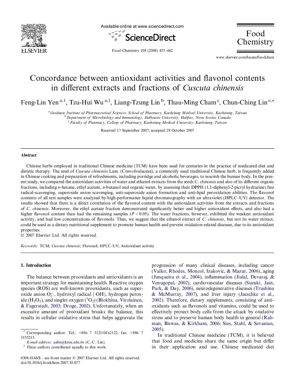 Concordance between antioxidant activities and flavonol contents in different extracts and fractions of Cuscuta chinensis