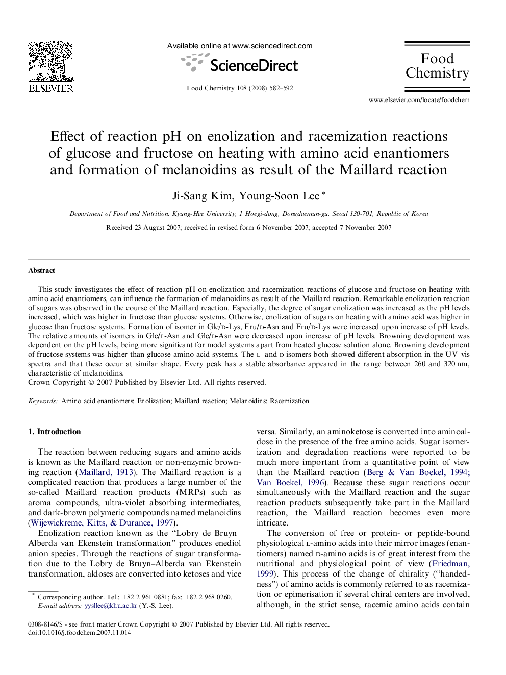 Effect of reaction pH on enolization and racemization reactions of glucose and fructose on heating with amino acid enantiomers and formation of melanoidins as result of the Maillard reaction