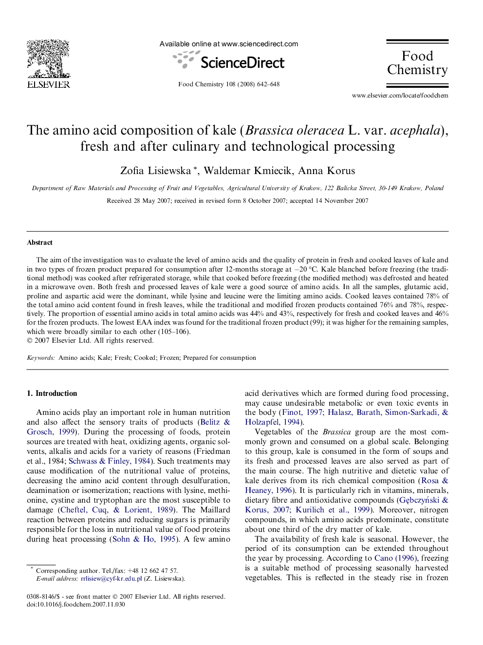 The amino acid composition of kale (Brassica oleracea L. var. acephala), fresh and after culinary and technological processing