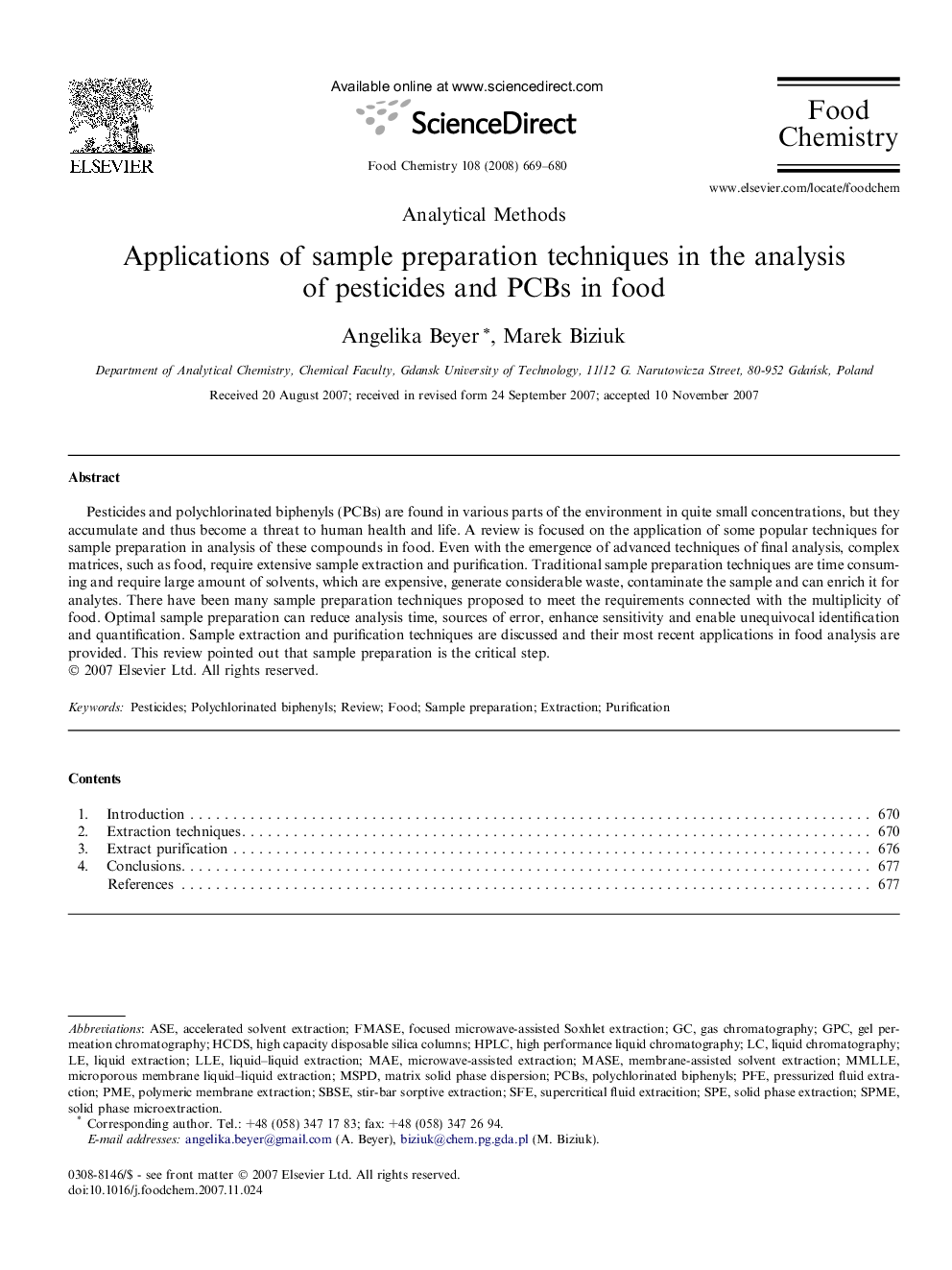 Applications of sample preparation techniques in the analysis of pesticides and PCBs in food