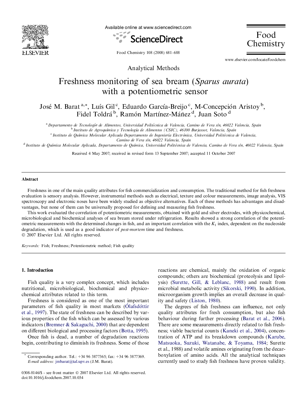 Freshness monitoring of sea bream (Sparus aurata) with a potentiometric sensor