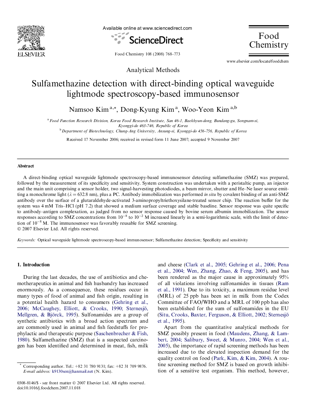 Sulfamethazine detection with direct-binding optical waveguide lightmode spectroscopy-based immunosensor