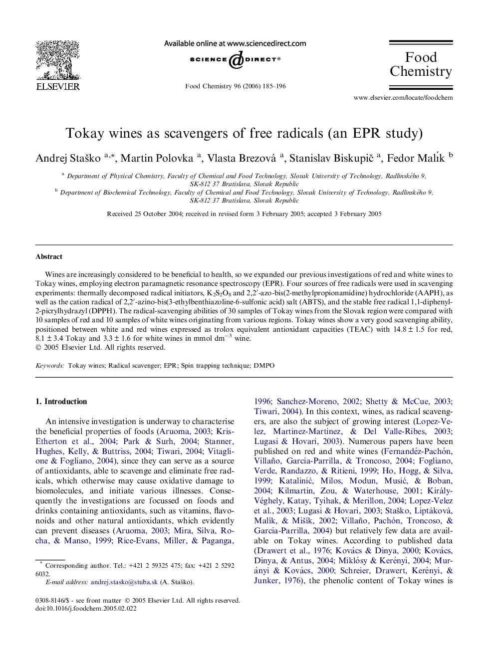 Tokay wines as scavengers of free radicals (an EPR study)