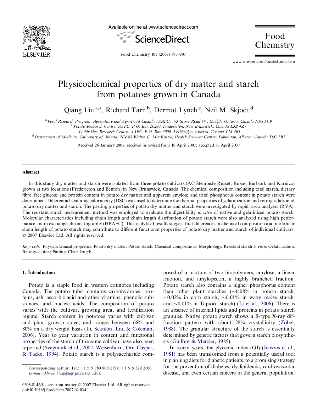 Physicochemical properties of dry matter and starch from potatoes grown in Canada