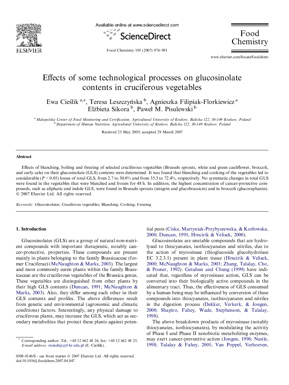 Effects of some technological processes on glucosinolate contents in cruciferous vegetables