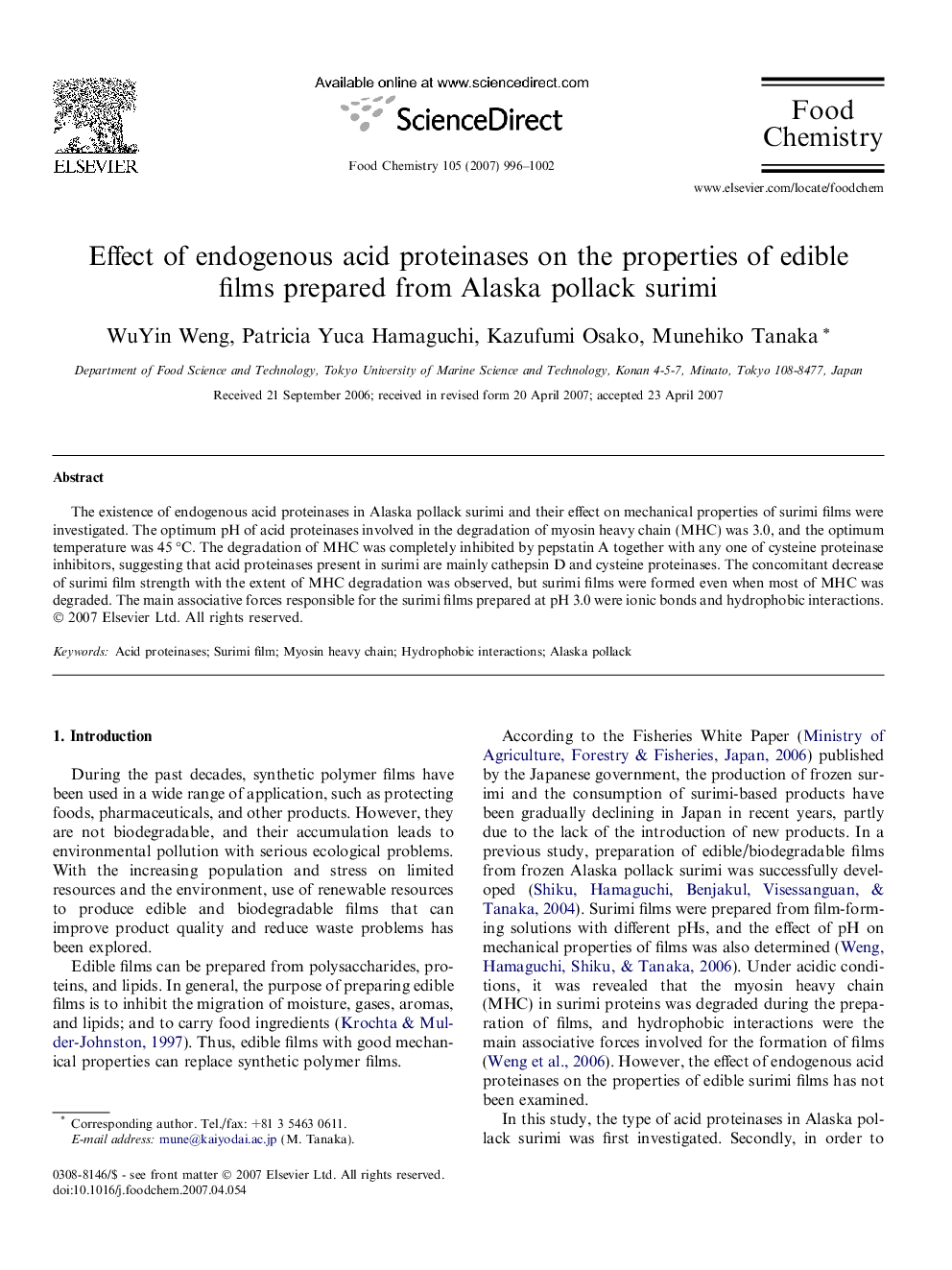 عکس صفحه اول مقاله: Effect of endogenous acid proteinases on the properties of edible films prepared from Alaska pollack surimi Effect of endogenous acid proteinases on the properties of edible films prepared from Alaska pollack surimi