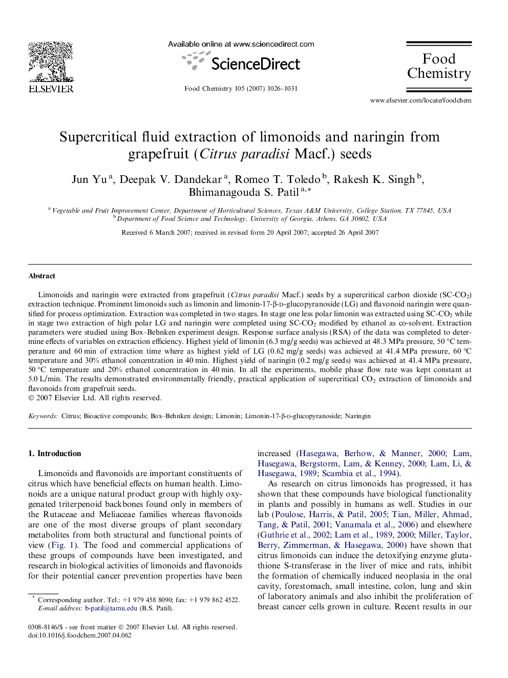 Supercritical fluid extraction of limonoids and naringin from grapefruit (Citrus paradisi Macf.) seeds