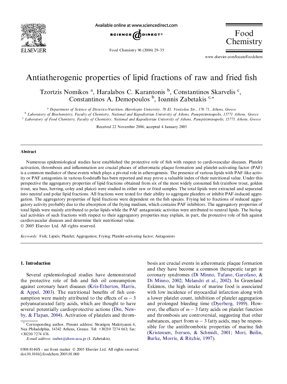 Antiatherogenic properties of lipid fractions of raw and fried fish