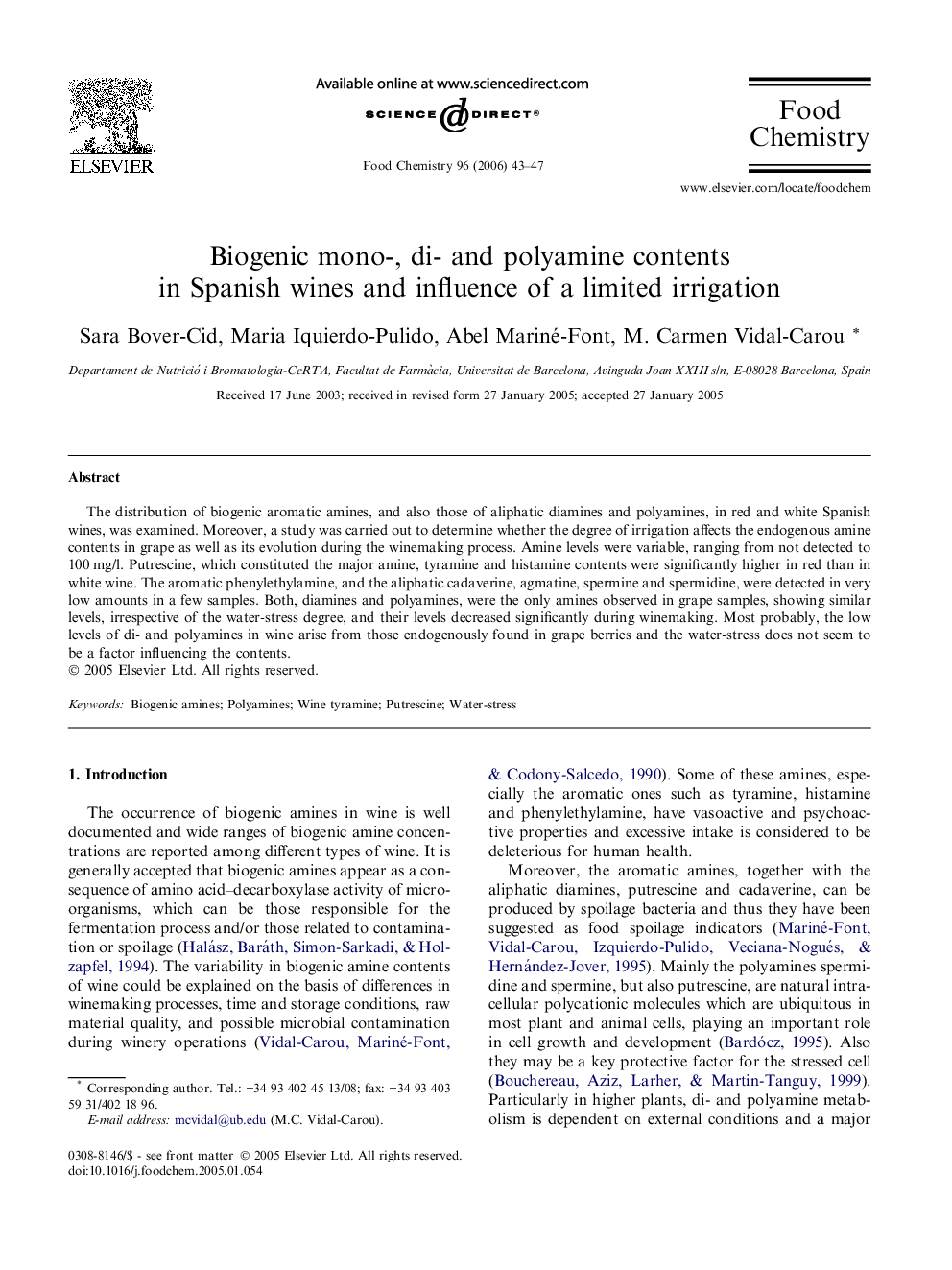 Biogenic mono-, di- and polyamine contents in Spanish wines and influence of a limited irrigation