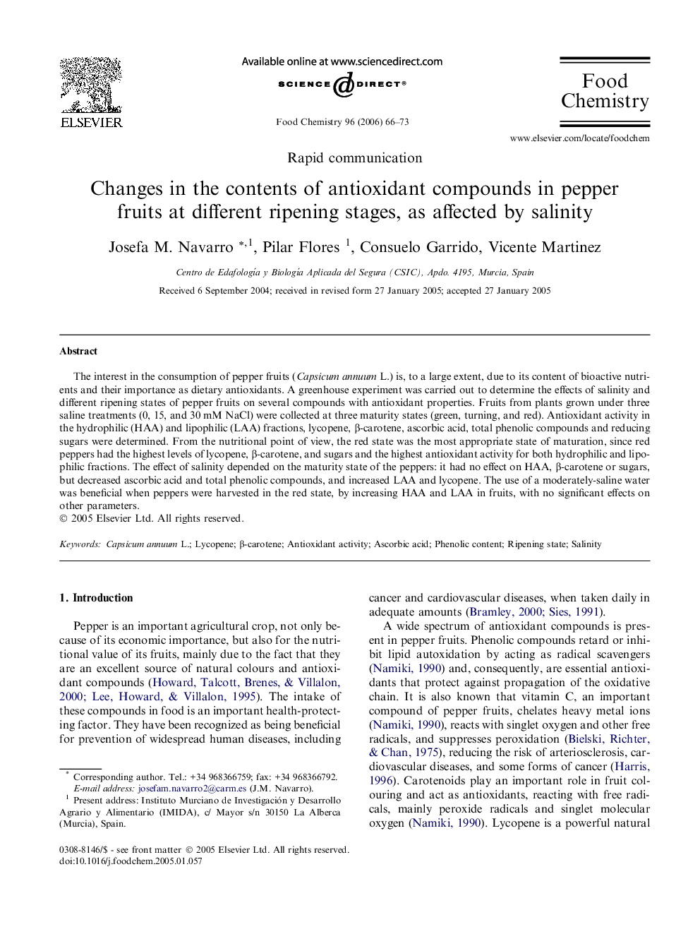 Changes in the contents of antioxidant compounds in pepper fruits at different ripening stages, as affected by salinity