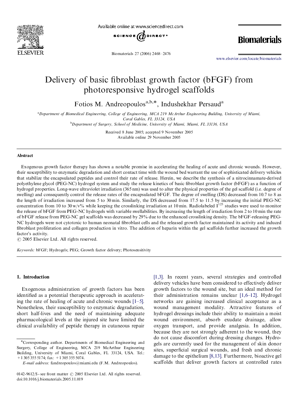 Delivery of basic fibroblast growth factor (bFGF) from photoresponsive hydrogel scaffolds