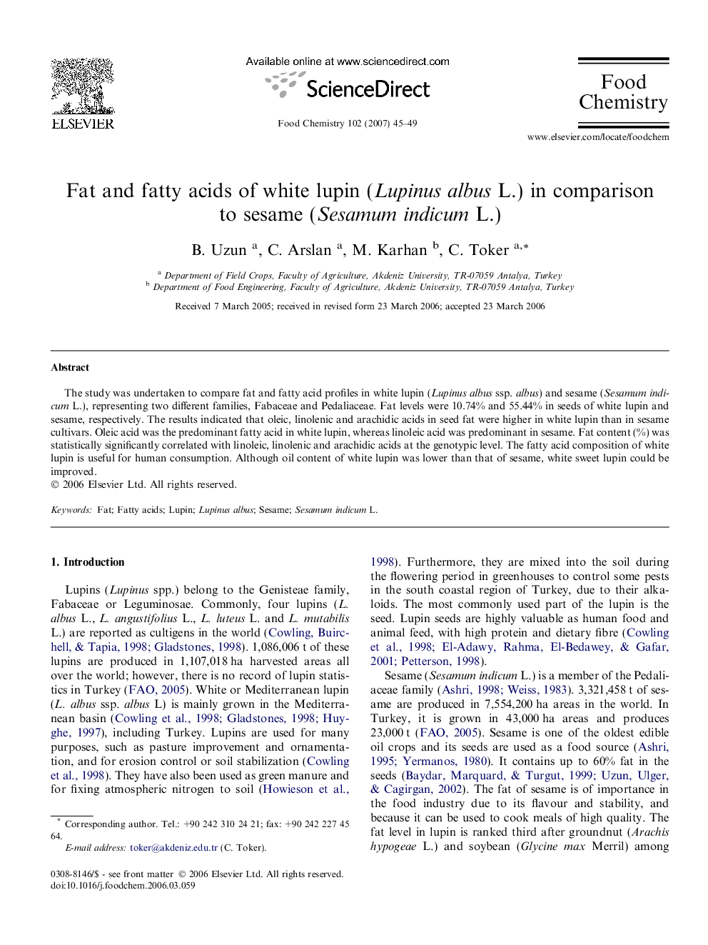 Fat and fatty acids of white lupin (Lupinus albus L.) in comparison to sesame (Sesamum indicum L.)