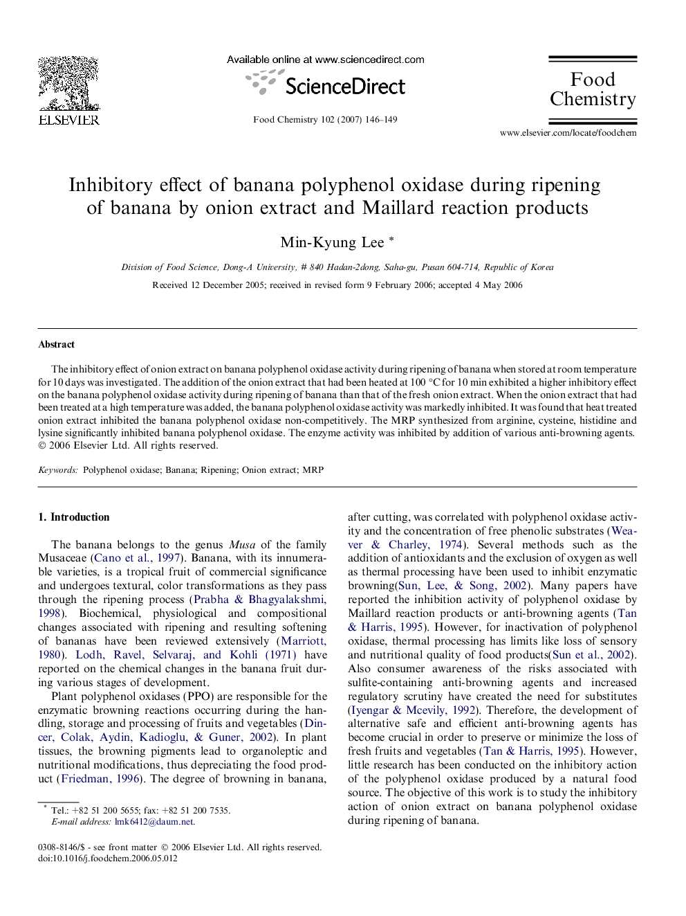 Inhibitory effect of banana polyphenol oxidase during ripening of banana by onion extract and Maillard reaction products