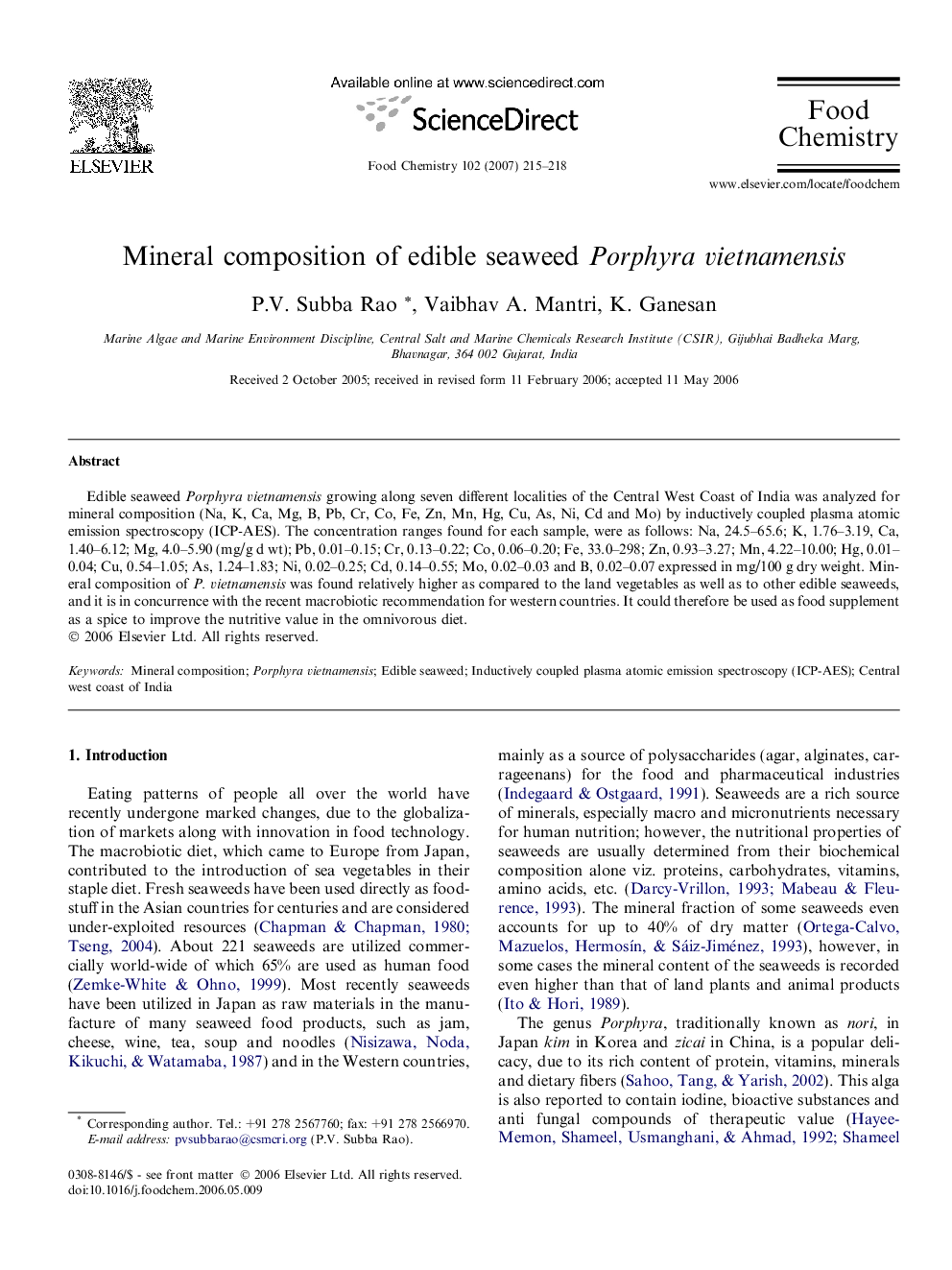 Mineral composition of edible seaweed Porphyra vietnamensis