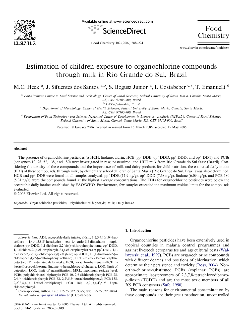 عکس صفحه اول مقاله: Estimation of children exposure to organochlorine compounds through milk in Rio Grande do Sul, Brazil Estimation of children exposure to organochlorine compounds through milk in Rio Grande do Sul, Brazil