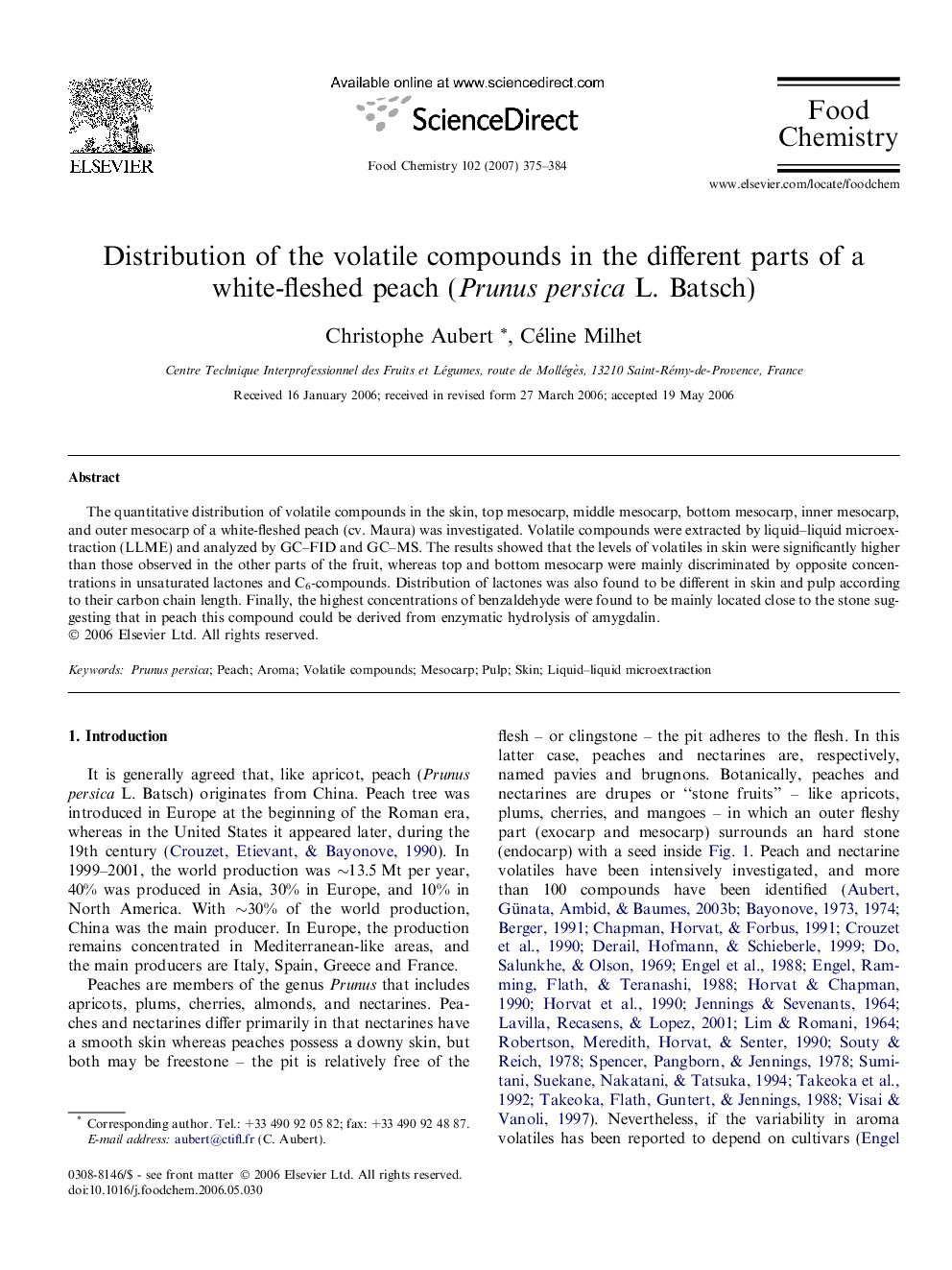 Distribution of the volatile compounds in the different parts of a white-fleshed peach (Prunus persica L. Batsch)