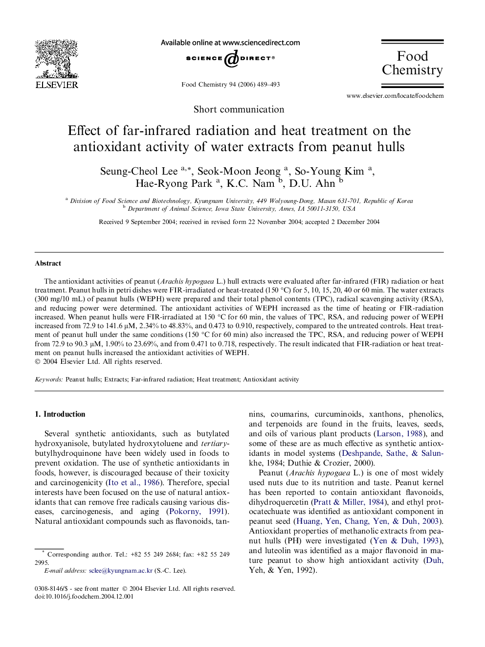 Effect of far-infrared radiation and heat treatment on the antioxidant activity of water extracts from peanut hulls