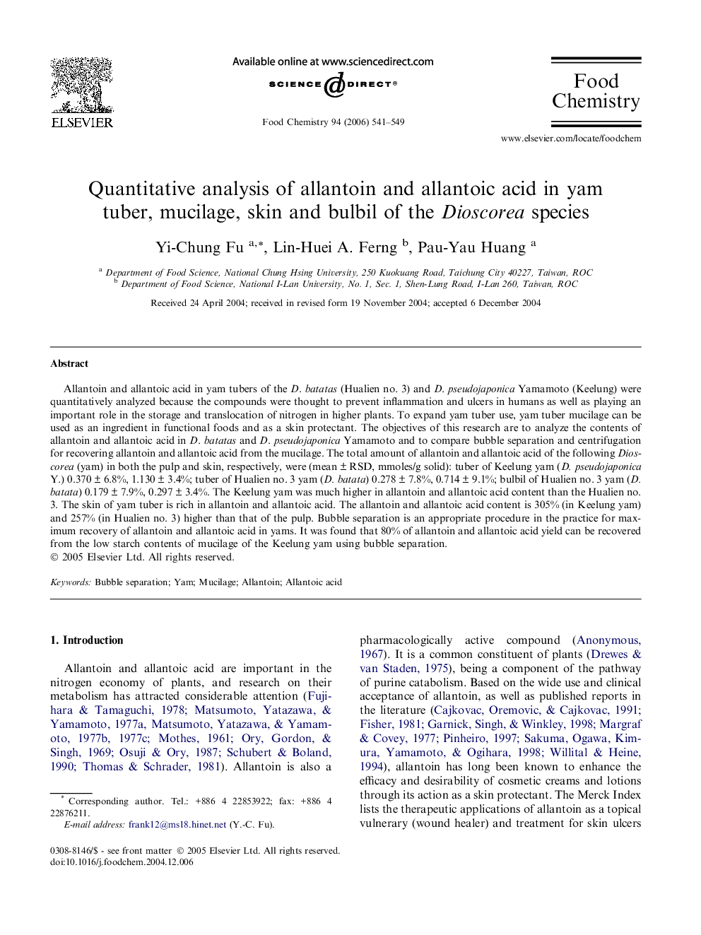 Quantitative analysis of allantoin and allantoic acid in yam tuber, mucilage, skin and bulbil of the Dioscorea species